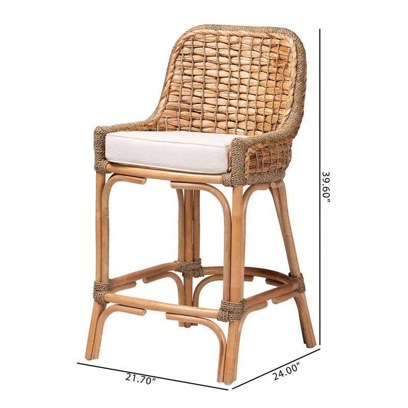 Kyle Bohemian Natural Brown Woven Rattan Counter Stool with Cushion