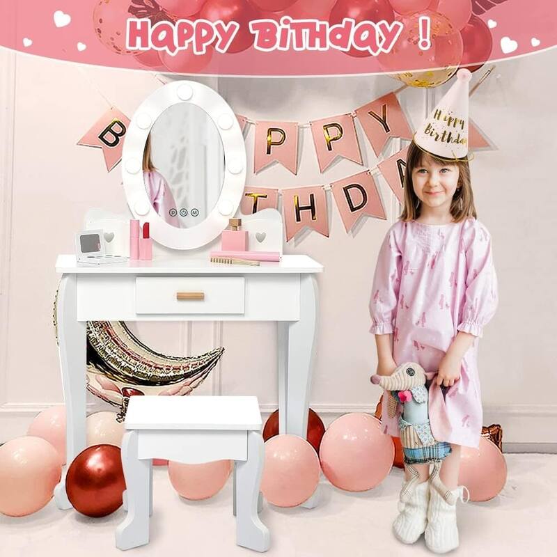 Toddler Lighted Mirror Vanity and Stool, Makeup Play Table for Girls Best Gift