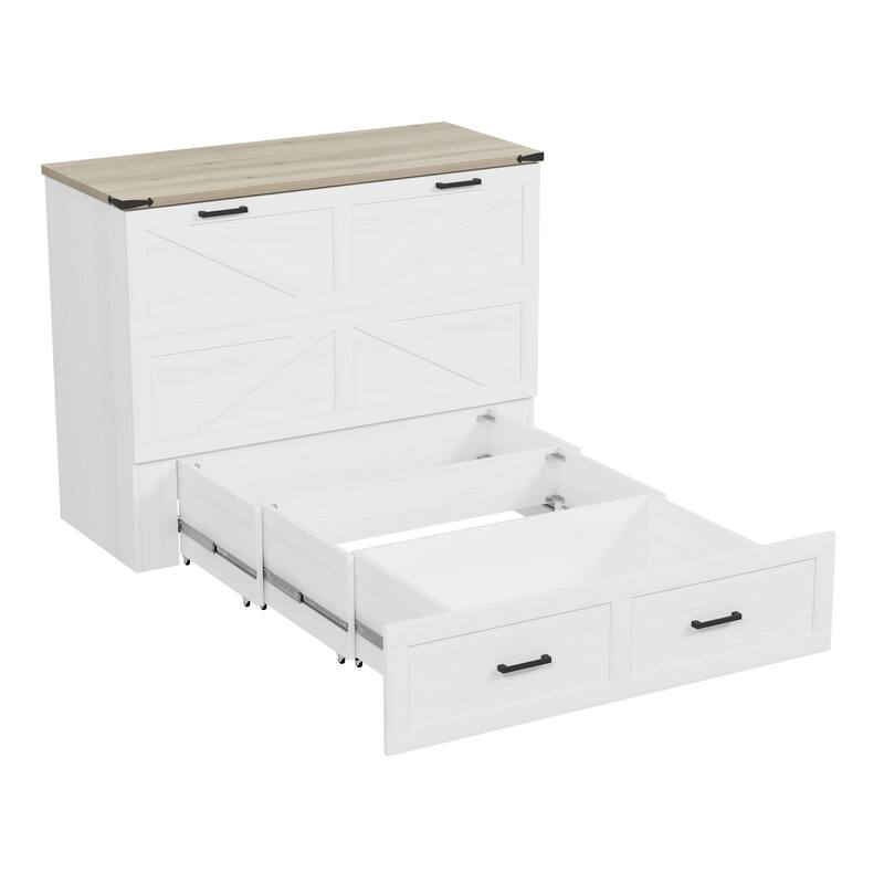 White Full Size Murphy Cabinet Bed with Storage Drawers and Built-In Charging Station