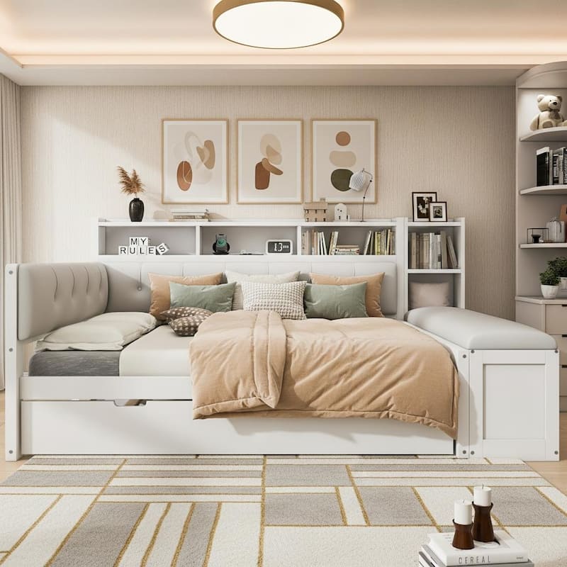 Full Size Wood Daybed with Trundle, Padded Bench, Charging Station, and Upholstered Headboard by Harper&Bright Designs