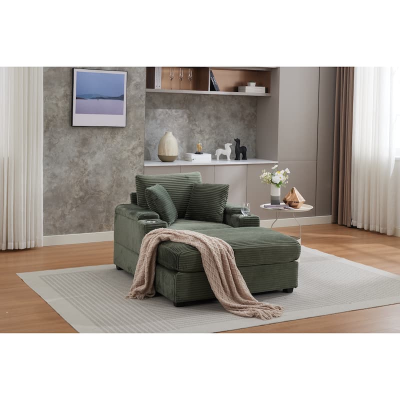 Corduroy Upholstered Chaise Lounge with Movable Ottoman, Living Room Storage Sofa Chair with Cup Holder, Detachable Cushions - Dark Green