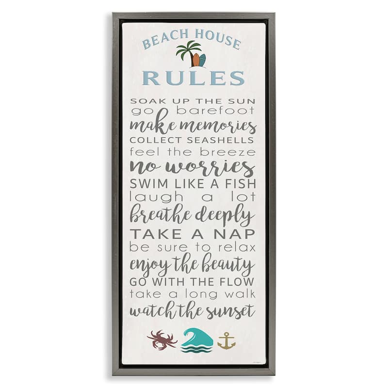 Stupell Fun Activities Beach House Rules Framed Floater Canvas Wall Art Design By Seven Trees Design - 11 x 25 - Grey