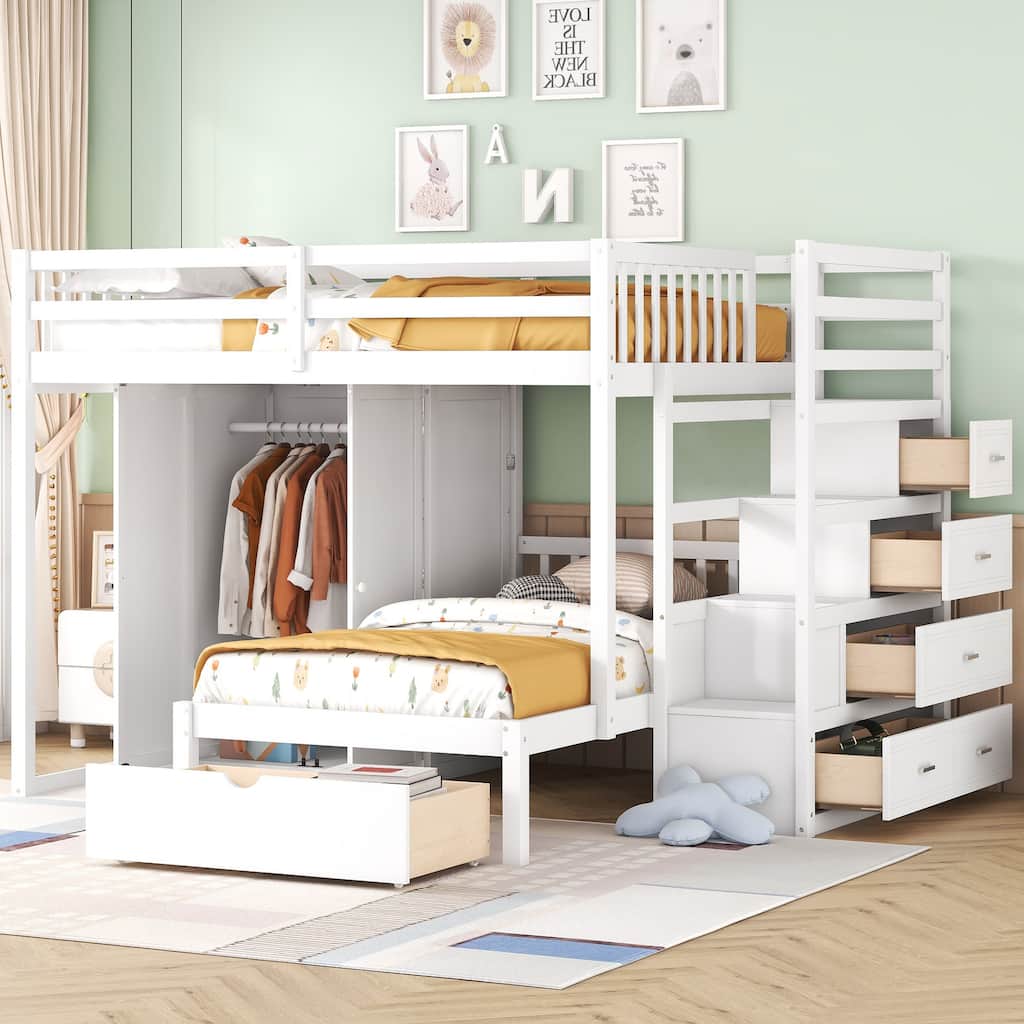 Full Over Twin Bunk Bed Children's Storage Bed Frame with Wardrobe, L Shaped Wood Stairway Bunk Bed Frame with Drawers