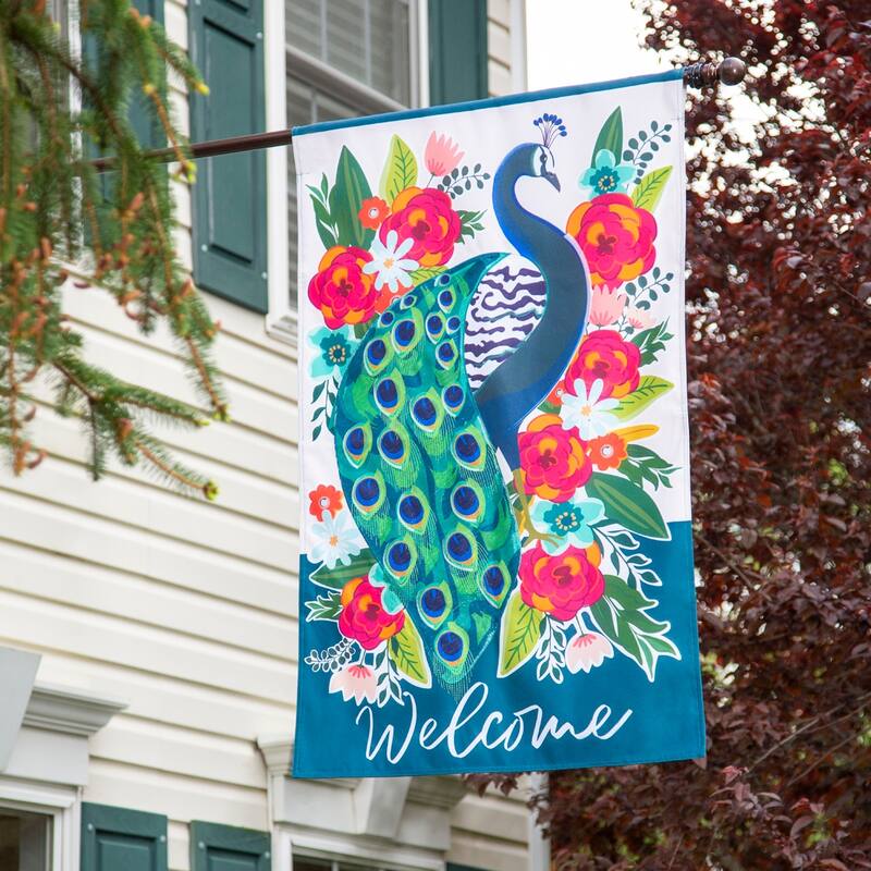 Floral Peacock House Linen Flag