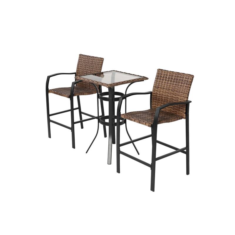 Outdoor 3-Piece Bar Stools Set w2 Rattan Bar Chairs & Bar Glass Table