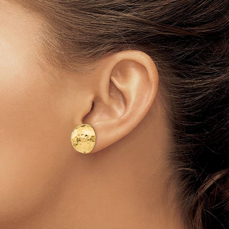 Curata 14k Yellow Gold Hollow Polished Hammered Half Ball Post Earrings - 15x15mm