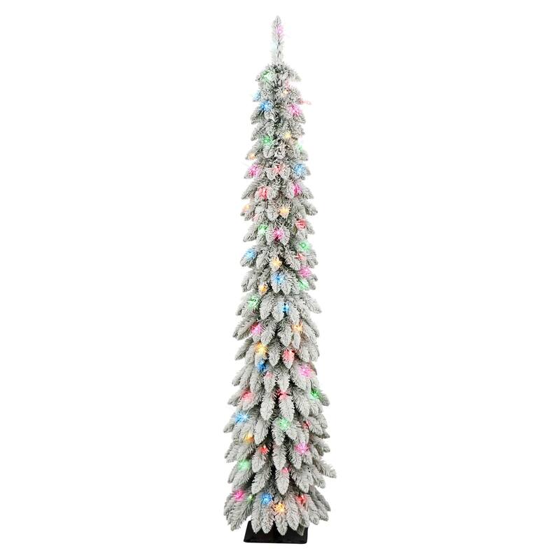 6' Flocked Alpine Artificial Christmas Pencil Tree, Multicolor Lights - 6 Foot