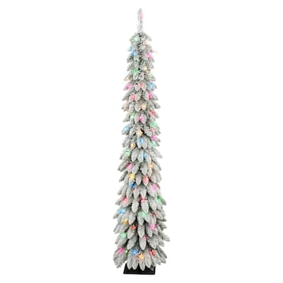 6' Flocked Alpine Artificial Christmas Pencil Tree, Multicolor Lights - 6 Foot