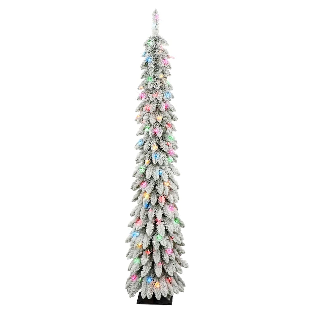 6' Flocked Alpine Artificial Christmas Pencil Tree, Multicolor Lights - 6 Foot