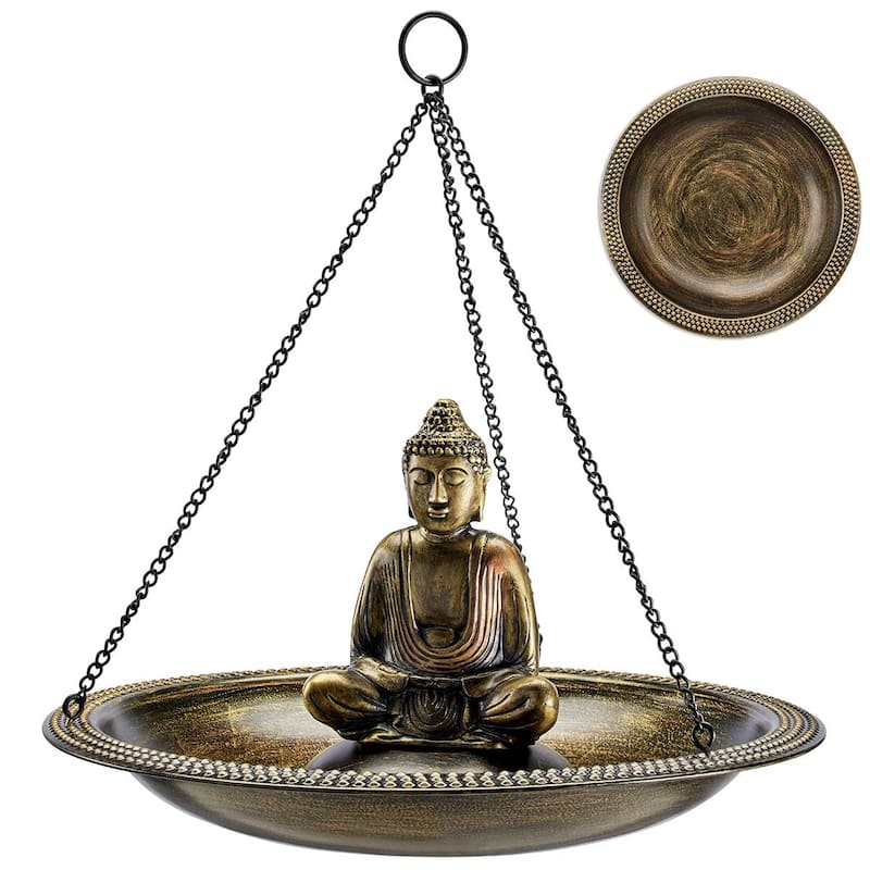 18" Hanging Copper Bird Bath with Buddha