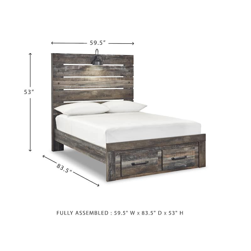 Drystan Rustic Brown Panel Bed with Footboard Storage Drawers
