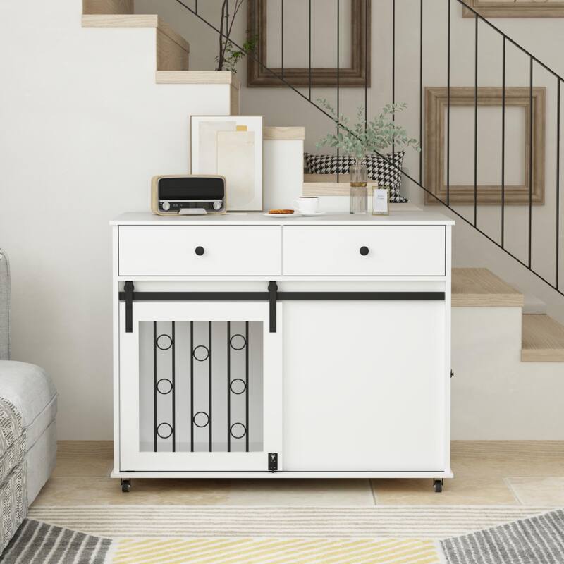 39.37" Dog Crate Furniture with Double Drawers and Sliding Barn Door, Decorative Pet Kennel End Table with Lockable Wheels