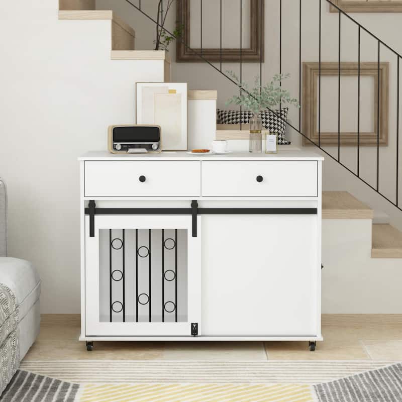 Wooden Dog Crate with Lockable Wheels, 2 Drawers & Sliding Barn Door, Decorative Pet Kennel End Table for Small to Medium Dogs