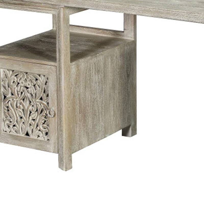 HomeRoots 68" White Solid Wood and Metal Carved Floral Desk With Three Drawers