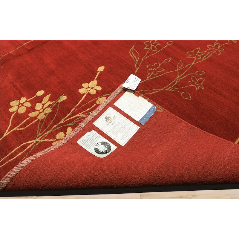 8x10 Hand Knotted Wool & Silk Red Transitional Floral Tibetan Rug - 8' x 10'