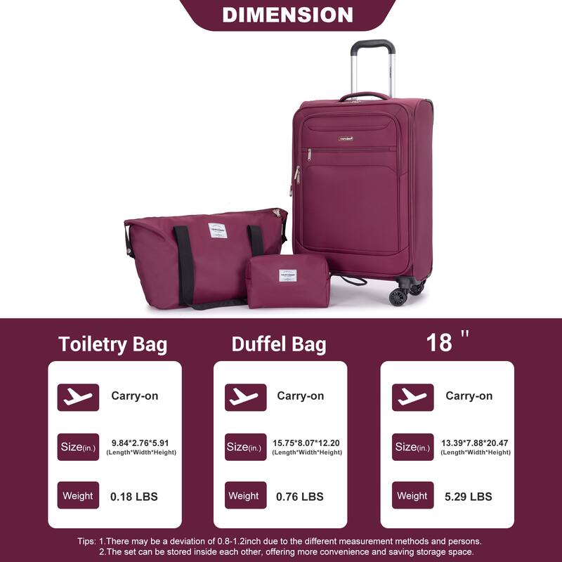 Durable 3-Piece Polyester Luggage Set (18" Carry-On, Travel Bag, Toiletry Bag) with 360° Spinner Wheels