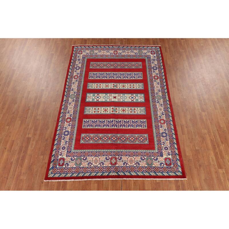 Red Geometric Kazak Oriental Area Rug Handmade Wool Carpet - 6'6" x 9'7"