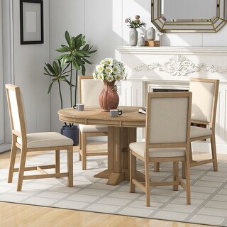 5 PC Round Extendable Dining Table(Solid Wood+MDF) - Bed Bath & Beyond ...