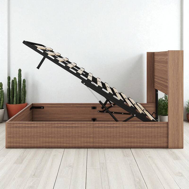 Queen Size Rustic Lift Storage Bed Frame with Headboard and Gas Lift Mechanism, No Box Spring Required