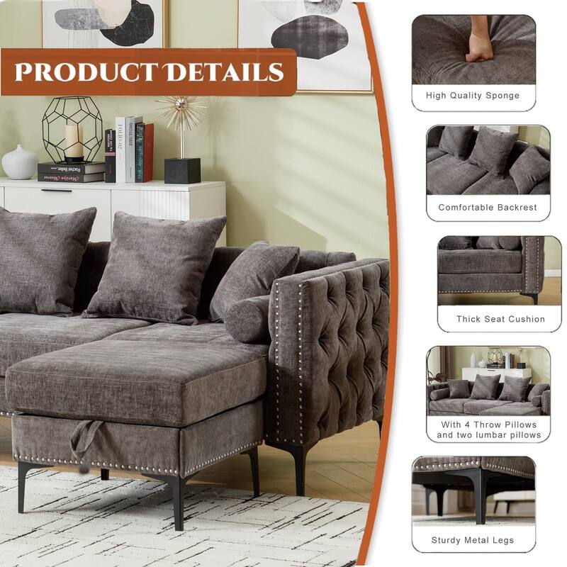 85'' L-Shaped 4 Seater Sectional Sofa with Convertible Storage Ottoman, Pillows, Solid Wood Frame, Modern Tufted Design
