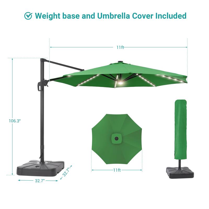 11FT Solar LED Patio Cantilever Umbrella With Resin Base by Bonosuki