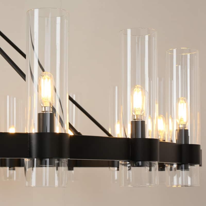 KAYLA 48" 16-Light Gold Chandelier, Wagon Wheel Chandelier with Glass Shade, Modern Farmhouse Chandelier - 48in