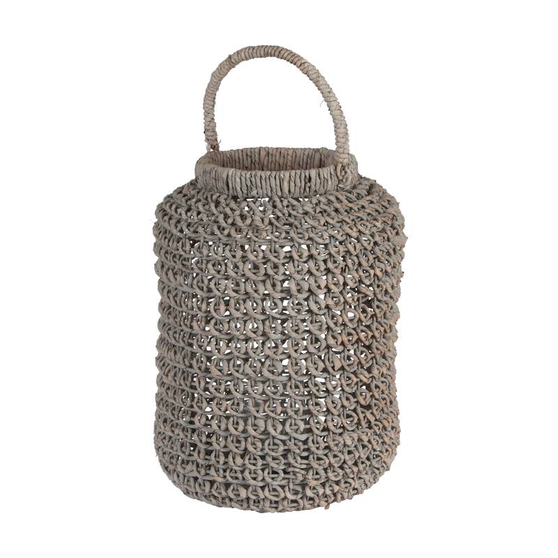 Whitewashed Woven Water Hyacinth Lantern with Glass Insert