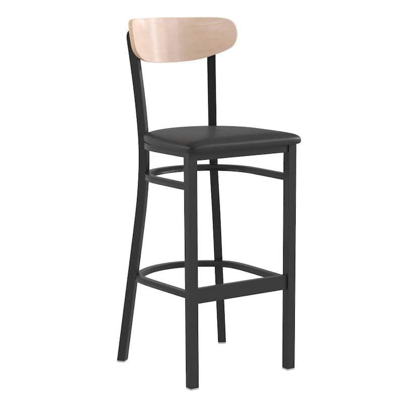 Commercial Metal Barstool with Wood Seat and Boomerang Back