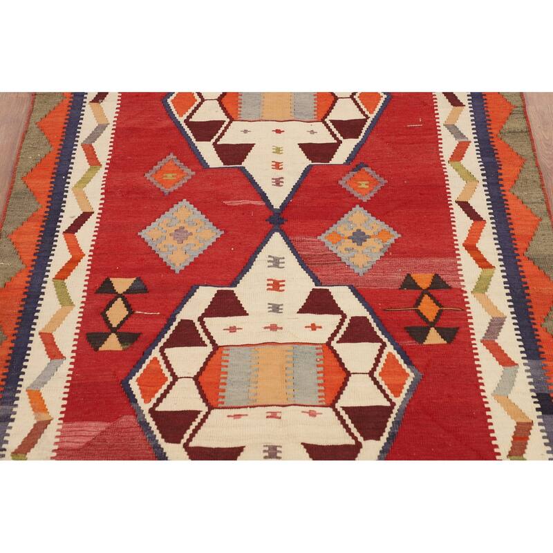 Geometric Kilim Qashqai Persian Vintage Rug Hand-Woven Wool Carpet - 4'5"x 8'1"