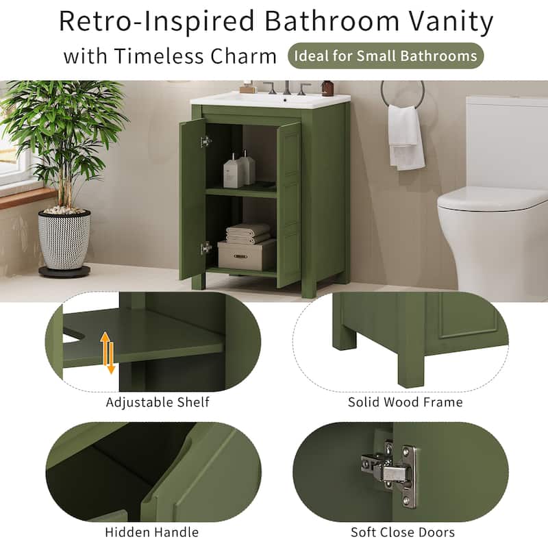 24-Inch Vintage-Inspired Bathroom Vanity with Ceramic Basin, Two Soft-Close Doors, and Adjustable Shelf‌ - 24"