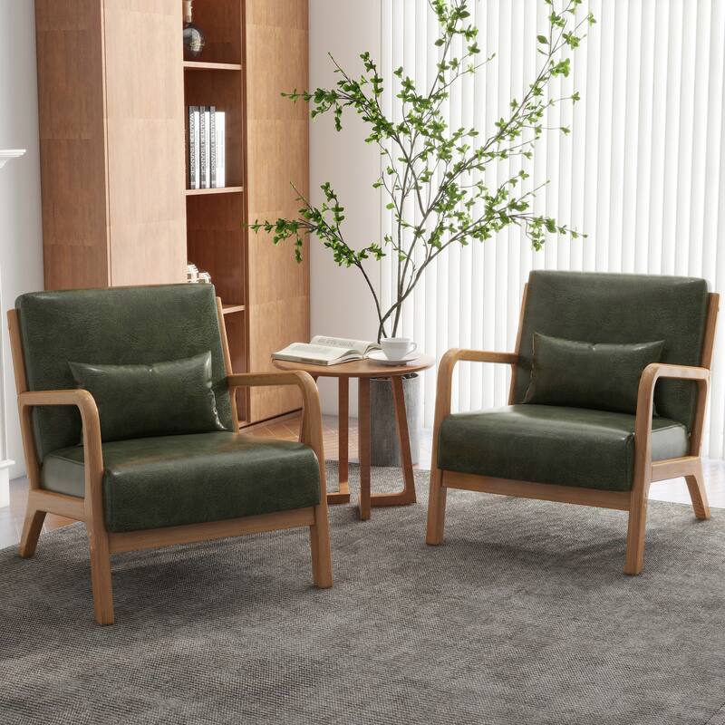 Upholstered Armchair Accent Chairs with Pillows Set of 2 - Natural Wood/PU Leather - Green/PU/Natural Wood