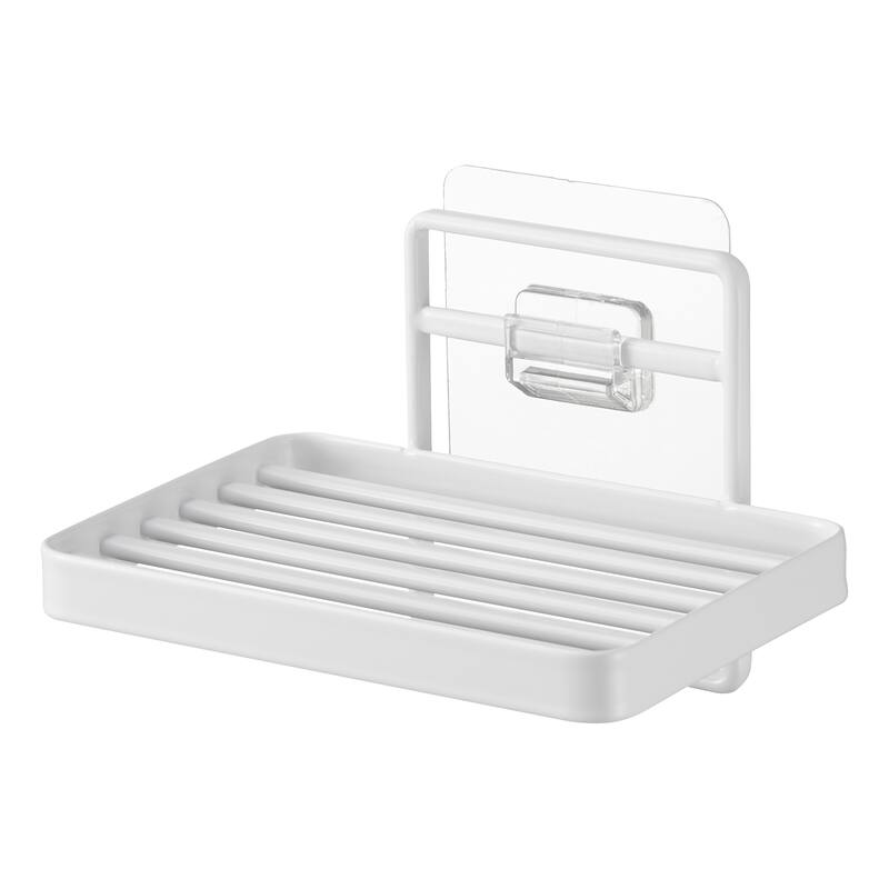 Yamazaki Home Traceless Adhesive Soap Tray, Steel, Holds 1.1 lbs - L 3.35 x W 4.72 x H 3.07 inches - White