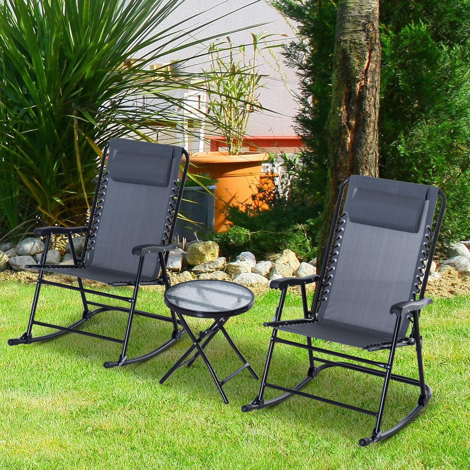 Outsunny 3 PCS Folding Rocking Chair Bistro Set with Table Grey