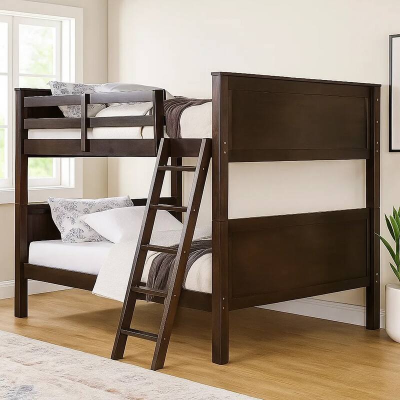 Zedy Full over Full Bunk Bed, Guardrails and Ladder, Walnut Brown