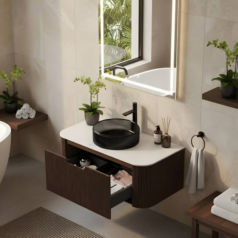 Wall Mounted Bathroom Vanity with Transparent Black Round Glass Basin