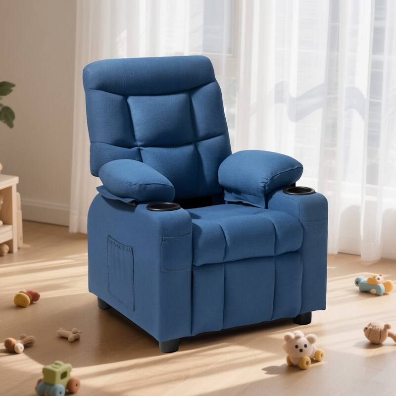 Wooden Frame Adjustable Kids Recliner Chair with Cup Holders and Pockets - 25.8 x 30.3 x 26.4 in