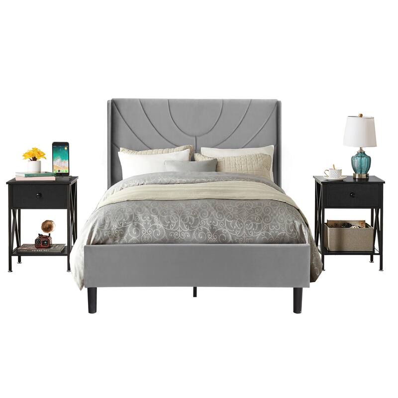 VECELO Bedroom Sets 3-pieces Bedroom Set with Height Adjustable Upholstered Bed and Nightstands Set of 2