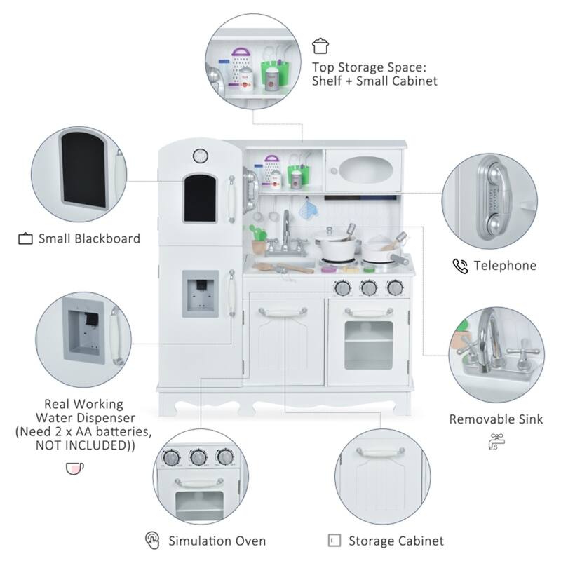 Kids Wooden Kitchen Playset with Sink Stove Phone Accessories and Storage White Pretend Cooking Toy - 41x28 in