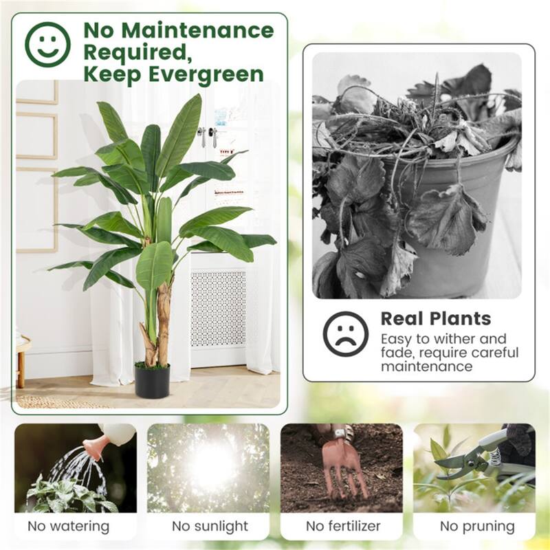63" Artificial Banana Leaf Tree with Realistic Polyester Leaves and Cement Pot for Home Decor - 63"H
