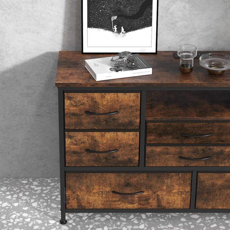 8-Drawer Fabric TV Stand with LED Lights & Built-in Power Outlets