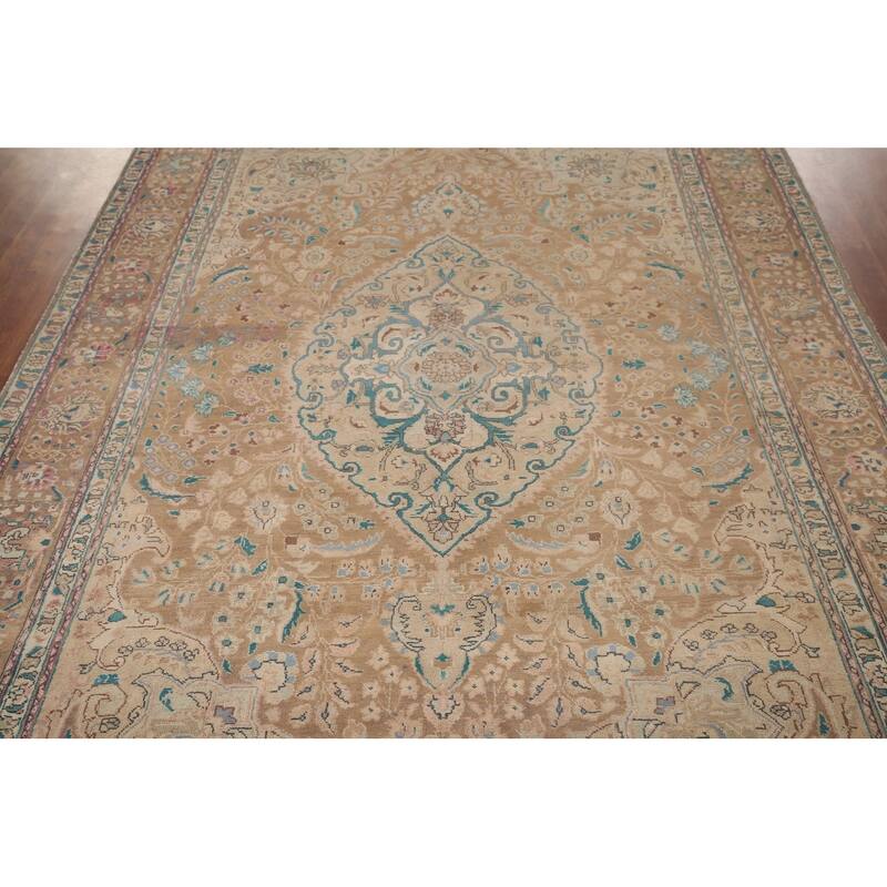 Light Brown Tabriz Persian Vintage Area Rug Handmade Wool Carpet - 6'7"x 9'7"