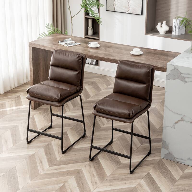 Metal Frame Bar Stools Set of 2, Faux Leather Upholstered Counter Height Bar Chair with Footrest for Kitchen, Dining Room