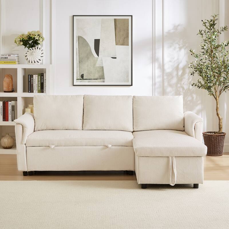 Corduroy L-Shape Sofa Convertible Sofa with Pull Out Sleep Bed