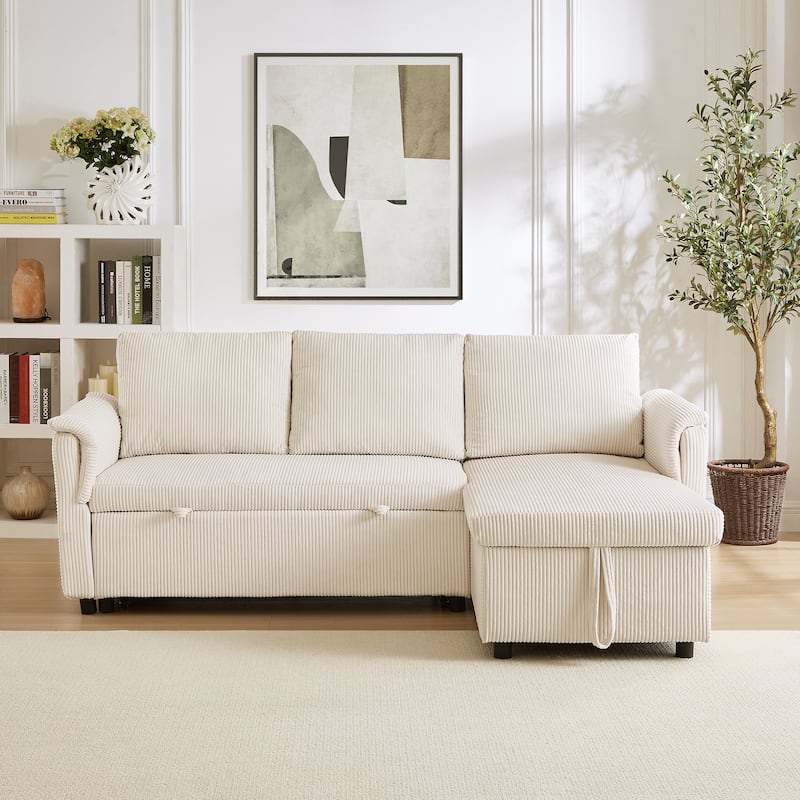 Pull-out Daybed L-Shaped Loveseat Sofa with Storage Chaise Lounge Convertible Sleeper Sofa Bed Tufted Upholstered Reclining