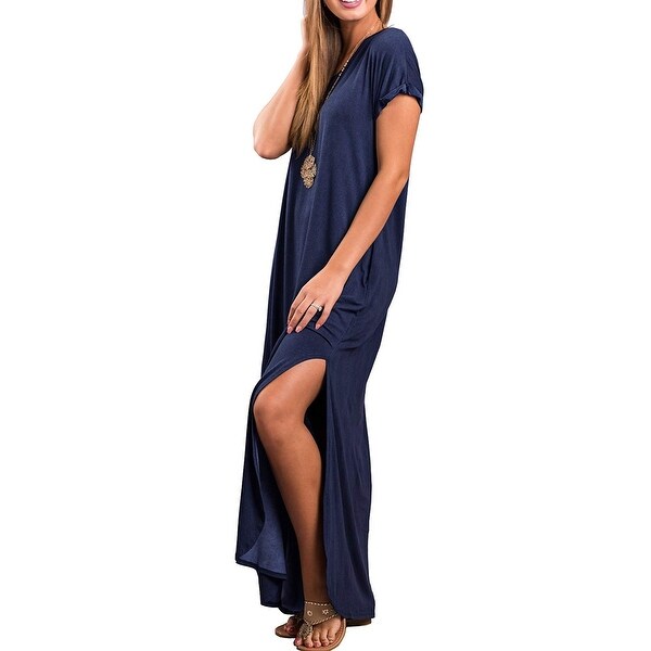 grecerelle women's casual loose pocket long dress short sleeve split maxi dresses