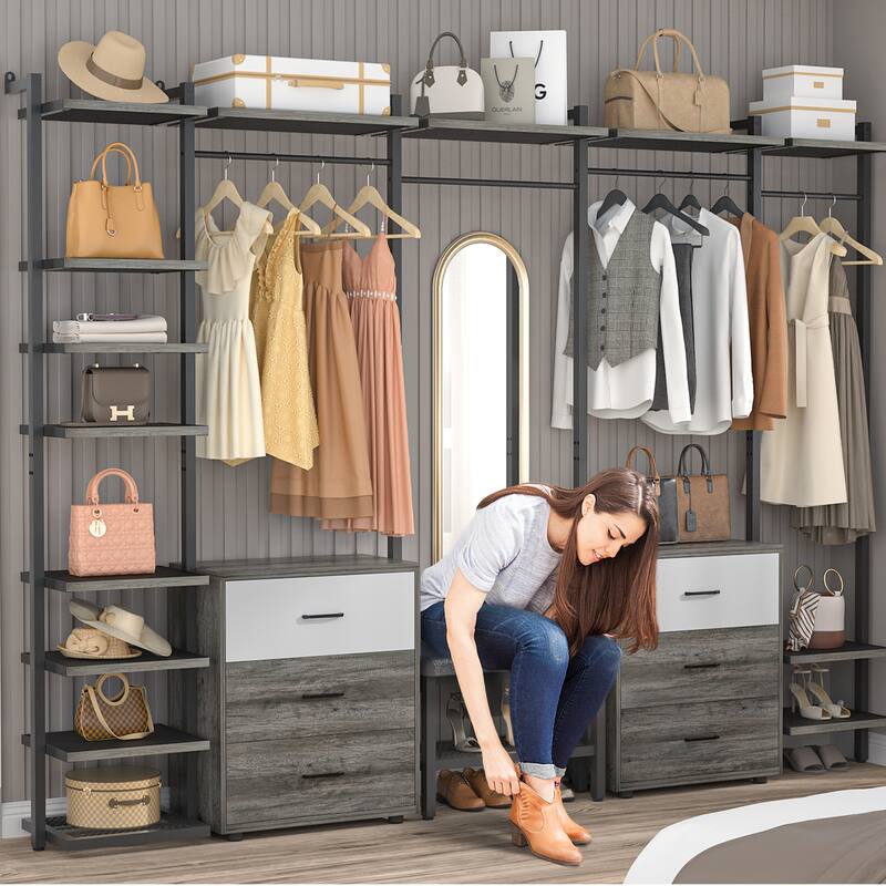 96'' Closet Organizer System with 6 Drawers, Clothing Rack Wardrobe Closet Garment Rack for Walk In Closets