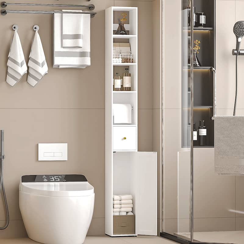 VECELO Tall Bathroom Storage Cabinet, Freestanding Linen Tower with 4-Tier Shelf, 1 Drawer and 1 Cupboards