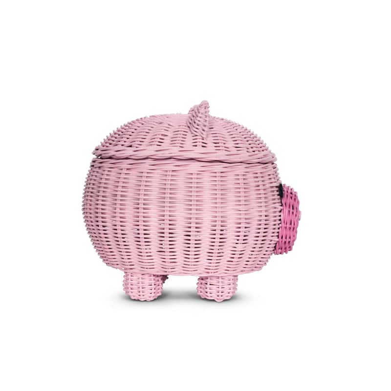Large Pig Rattan Storage Basket With Lid Hand Woven Shelf Organizer Handmade Gift Cute Piggy Wicker