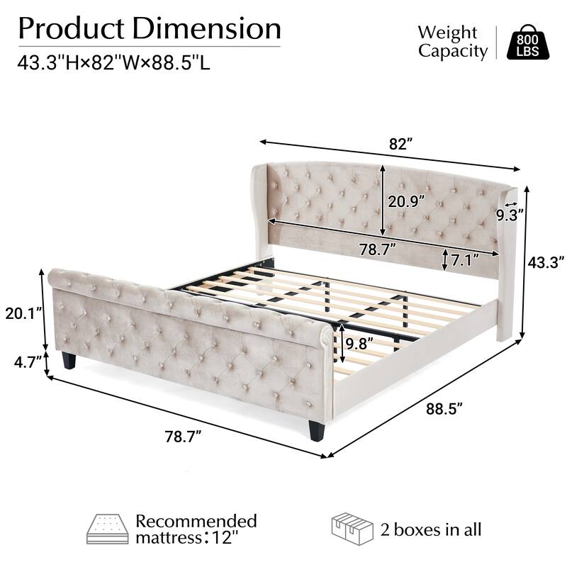 Christopher Knight Home - Amara Traditional Velvet Upholstered Sleigh Bed with Wingback Headboard & Scroll Footboard, King Size