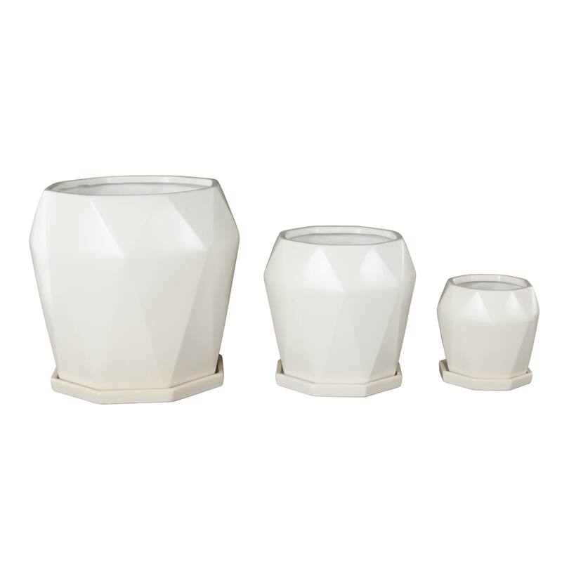 Ceramic Geometric Patterned Indoor Outdoor Planter with Attached Saucer - Set of 3 Black or White- Roche River Decor